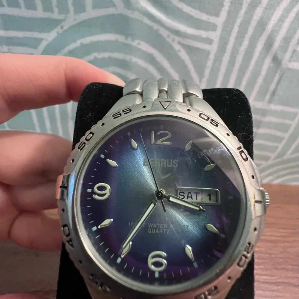 Silver Watch with Blue Dial - Benrus 6.5 Inch Wrist Size